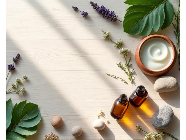 Primer plano de ingredientes naturales como aceites esenciales, hierbas secas y frascos de vidrio en una superficie de madera clara