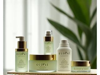 Gama de productos de una marca internacional eco-friendly, frascos de cristal y bambú, en un estante de madera
