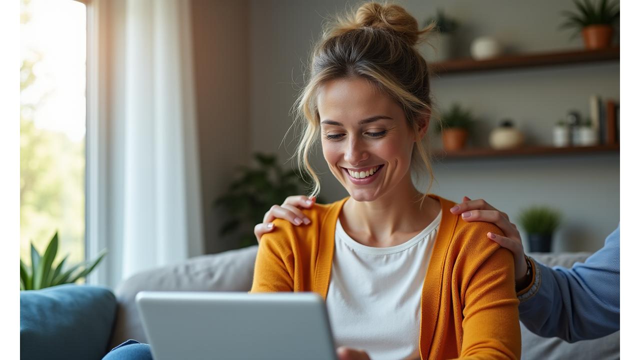 Mujer sonriente de mediana edad usando una tablet en un entorno luminoso y natural, simbolizando apoyo y conexión.
