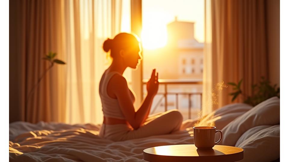 Persona serena estirándose en la cama junto a una ventana soleada de Madrid, con una taza de té y un diario, capturando la esencia de una rutina matutina tranquila y energizante.