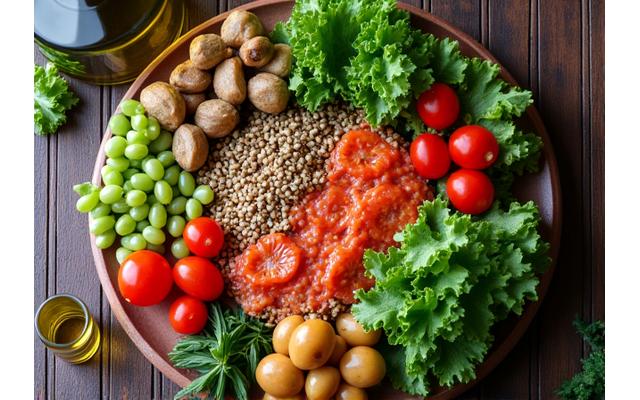 Un plato mediterráneo vibrante lleno de frutas, verduras, nueces y pescado, simbolizando una dieta de longevidad.