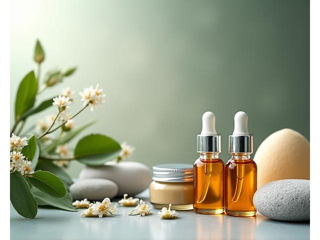 Productos de cuidado de la piel con ingredientes naturales, hojas verdes y pétalos.