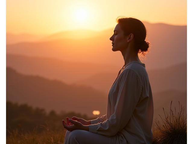 Persona meditando al amanecer con colores vibrantes, simbolizando bienestar y enfoque